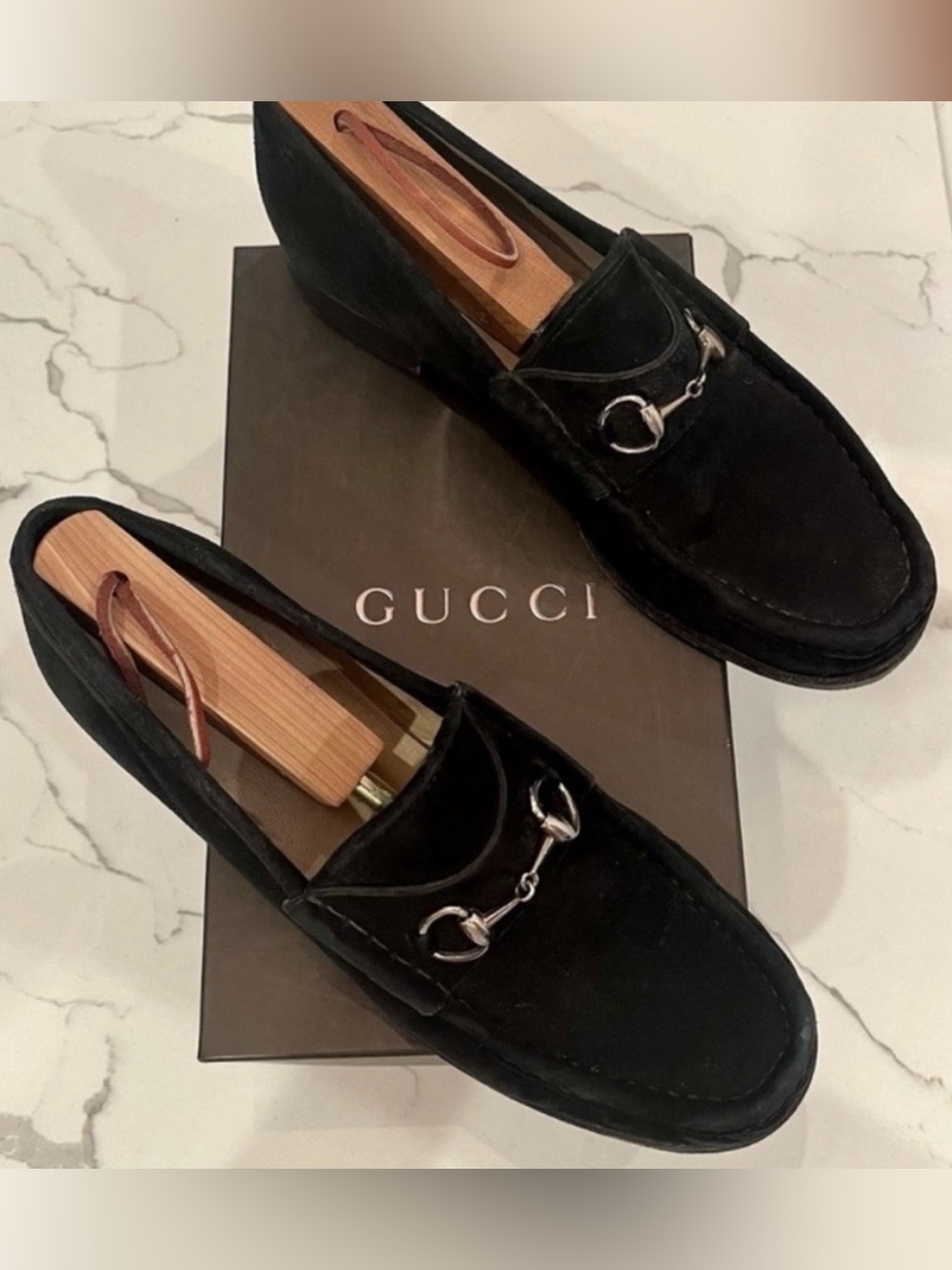 GUCCI Women's Authentic 8.5B Black Suede Silver Horse-bit Loafers - Picture 3 of 13